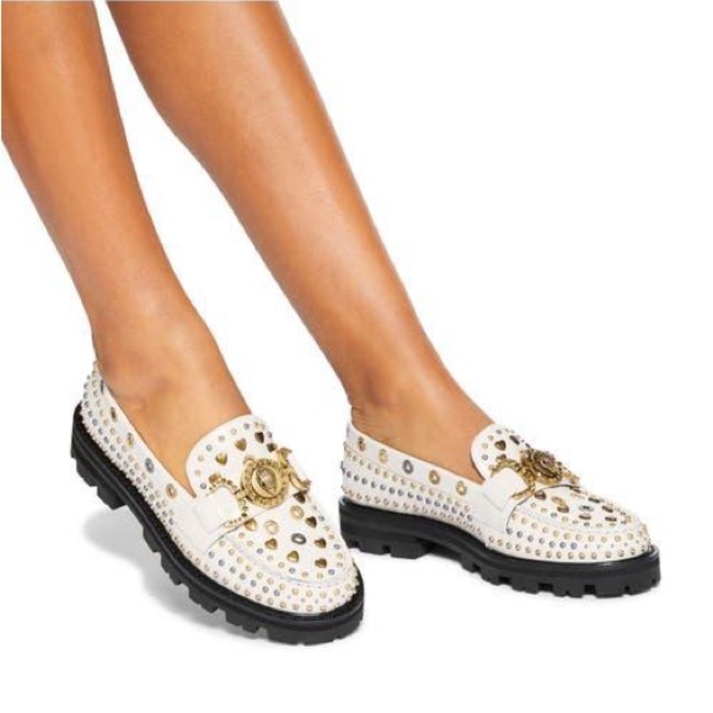 NEW Women KURT GEIGER Mansion Cream Gold Studs eagle leather Loafer EU40/US9 - Picture 2 of 10